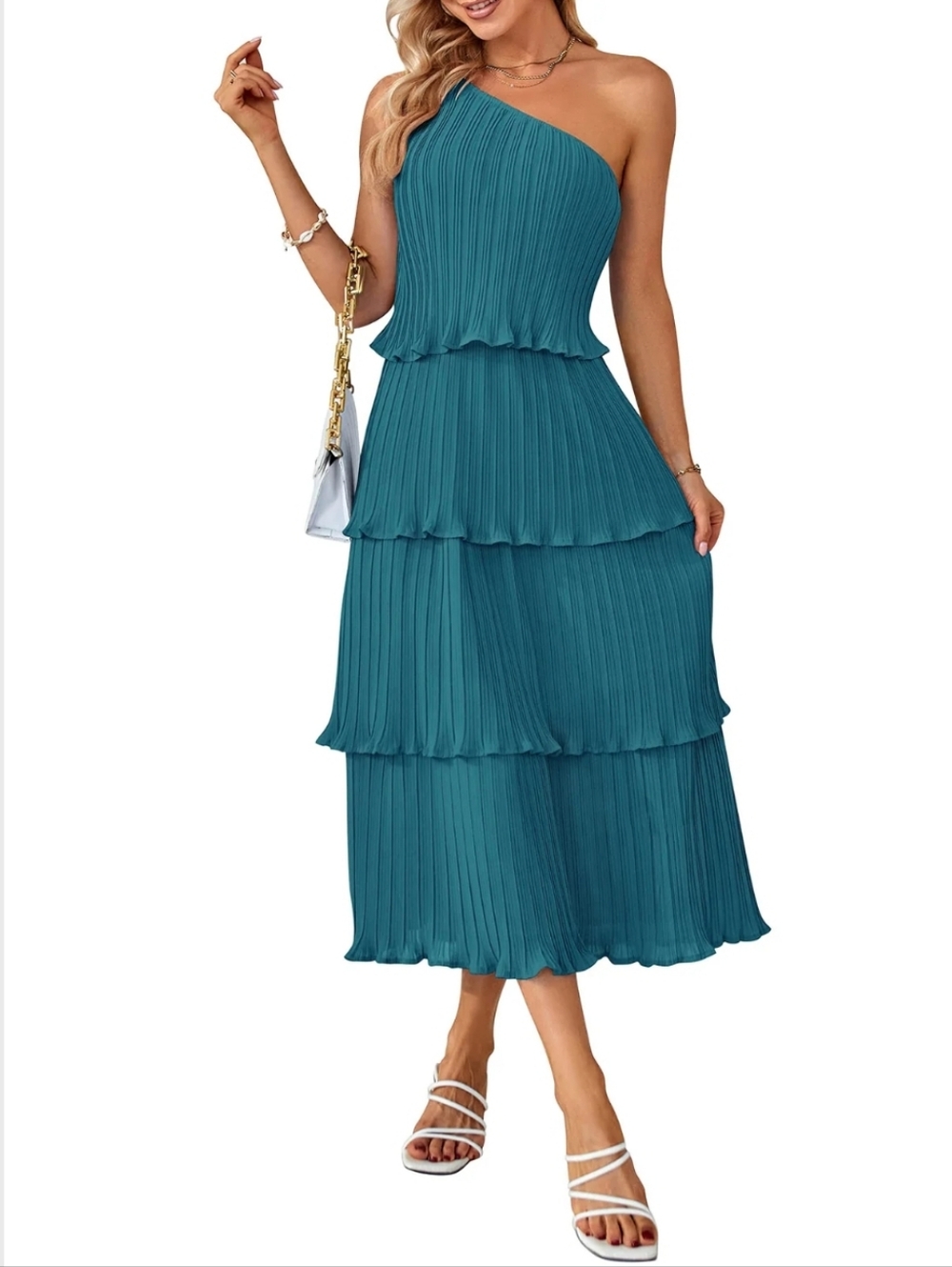 MEROKEETY One Shoulder Pleated Tiered Maxi Dress Teal Size Small Flowy Formal